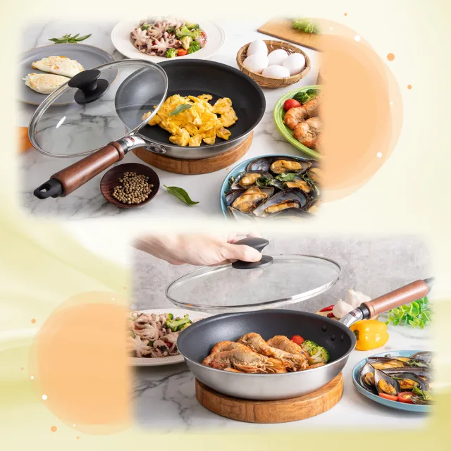 【hokua 北陸鍋具】日本製Plateado EM複合金不沾平底鍋24cm含蓋(可用金屬鏟/IH可用鍋)