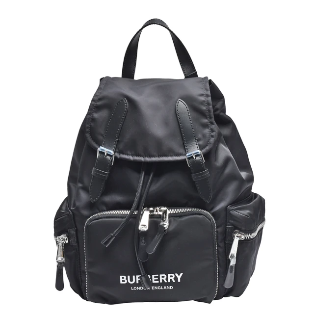 BURBERRY 巴寶莉 經典品牌LOGO尼龍多口袋後背包(中-黑色8073134)