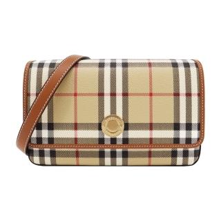 【BURBERRY 巴寶莉】經典LOGO格紋翻蓋斜背包(卡其)