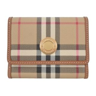 【BURBERRY 巴寶莉】浮雕LOGO格紋皮革小型三折短夾(卡其)