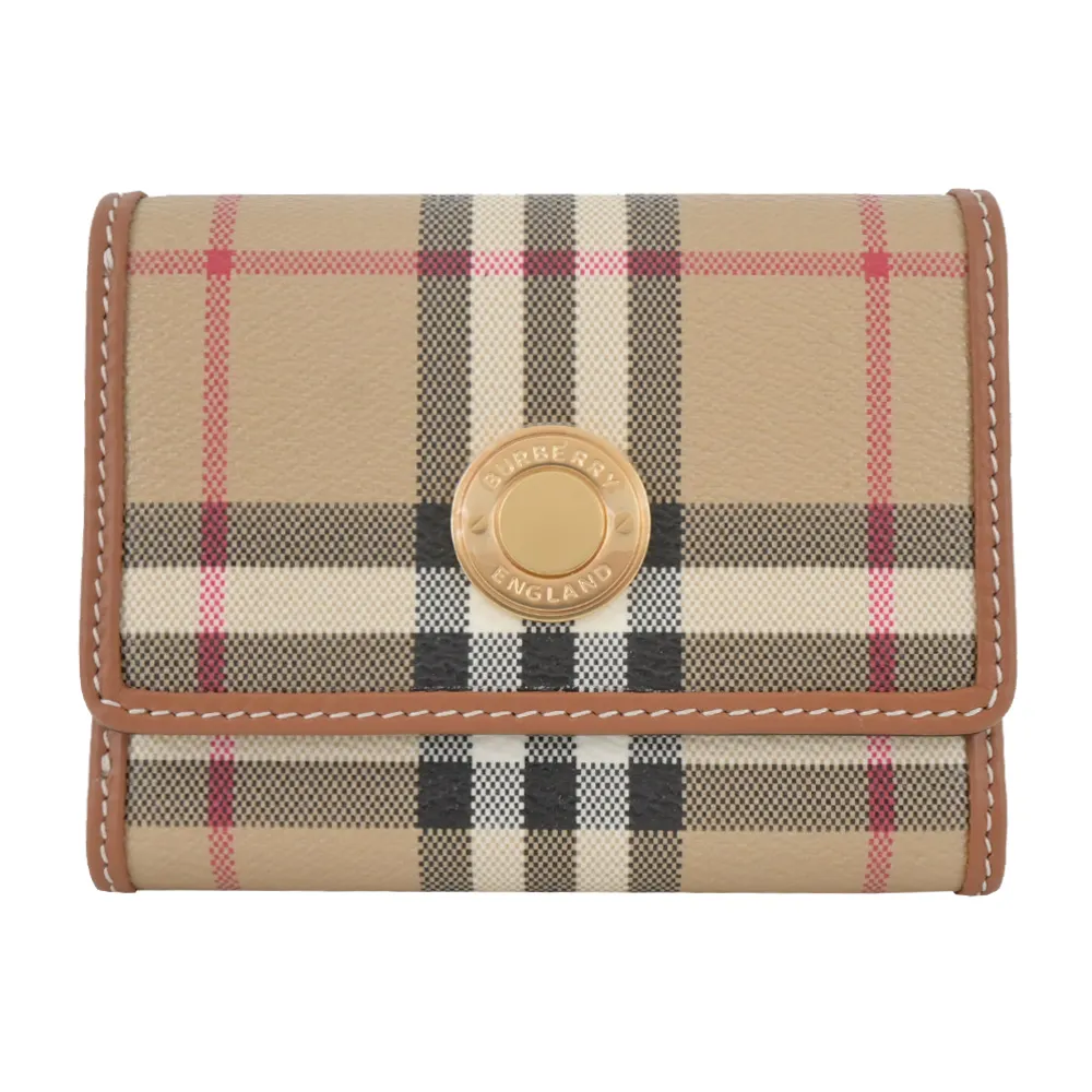 【BURBERRY 巴寶莉】浮雕LOGO格紋皮革小型三折短夾(卡其)