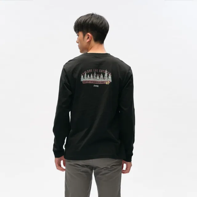 【JEEP】男裝 山林圖騰口袋純棉長袖T恤(黑色)