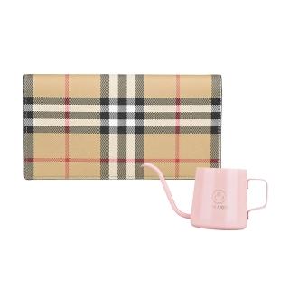 【BURBERRY 巴寶莉】BURBERRY Vintage復古格紋印花PVC 16卡對折長夾(典藏米x黑/粉色咖啡壺)