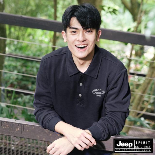 【JEEP】男裝 品牌LOGO刺繡長袖POLO衫(深藍色)