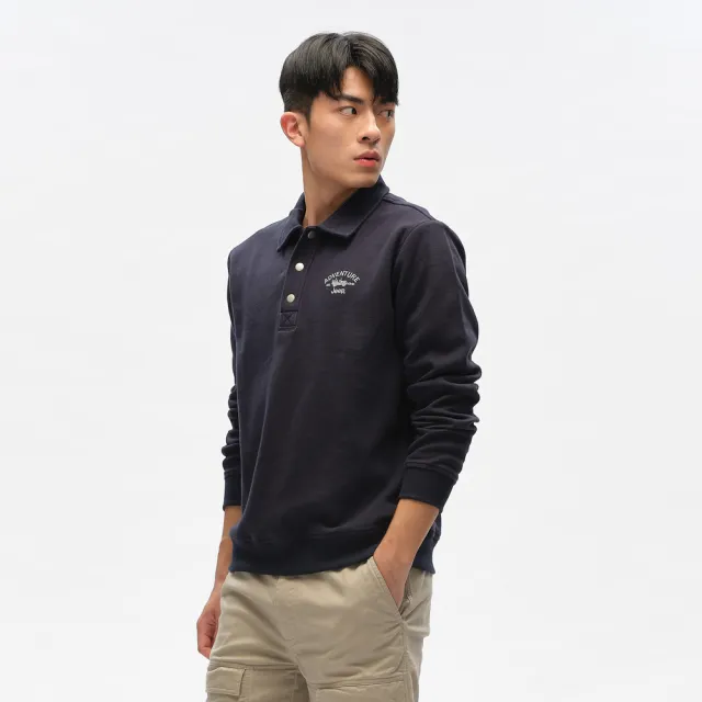 【JEEP】男裝 品牌LOGO刺繡長袖POLO衫(深藍色)