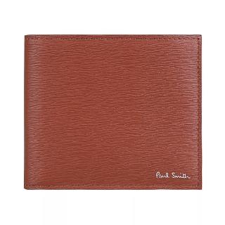 【Paul Smith】Paul Smith燙印字LOGO素面水波紋拼雙色設計 8卡牛皮對折短夾(焦糖棕)