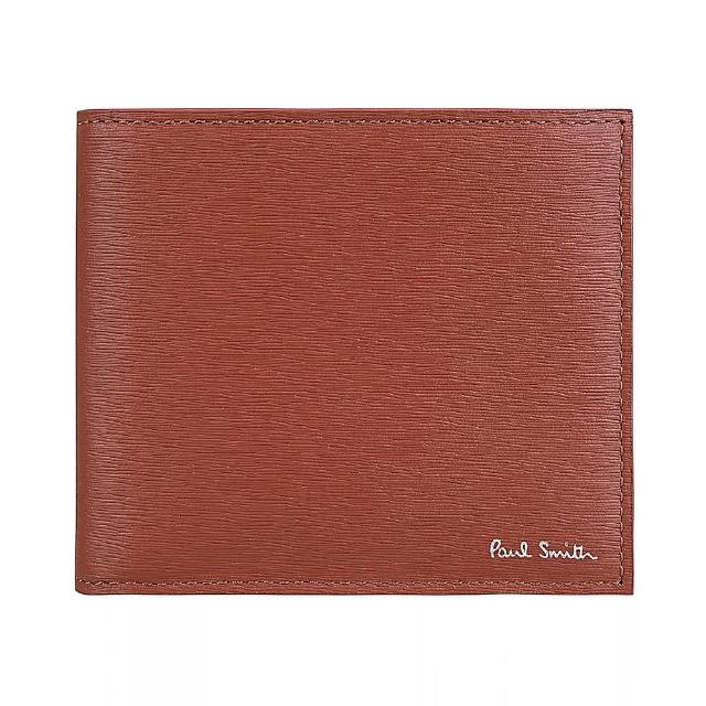 【Paul Smith】Paul Smith燙印字LOGO素面水波紋拼雙色設計 8卡牛皮對折短夾(焦糖棕)