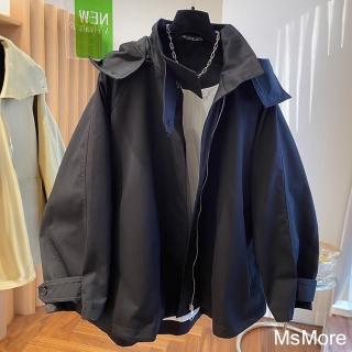 【MsMore】英倫風斗篷式寬鬆休閒連帽長袖風衣短版外套#123192(黑/卡其)