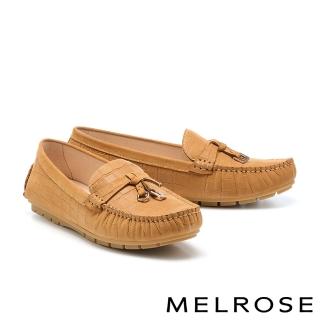 【MELROSE】美樂斯 簡約日常金屬飾釦壓紋全真皮樂福平底鞋(棕)