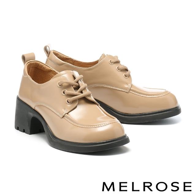 【MELROSE】美樂斯 率性牛油皮綁帶方頭樂福高跟鞋(米)