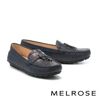 【MELROSE】美樂斯 簡約日常金屬飾釦壓紋全真皮樂福平底鞋(藍)