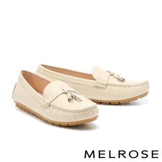 【MELROSE】美樂斯 簡約日常金屬飾釦壓紋全真皮樂福平底鞋(米白)