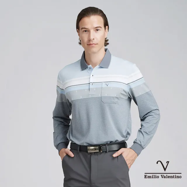 【Emilio Valentino 范倫鐵諾】男 吸濕排汗 彈性 速乾橫紋胸袋 薄 長袖POLO衫_水藍/灰(15-4V8955)
