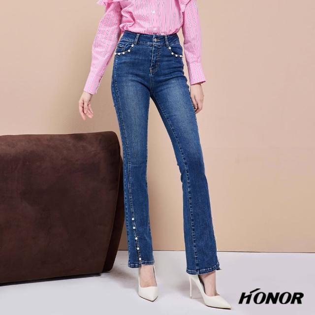 【HONOR 山形屋】甜美個性珍珠開岔牛仔喇叭褲-藍