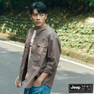 【JEEP】男裝 亨利領多口袋造型長袖襯衫(灰色)