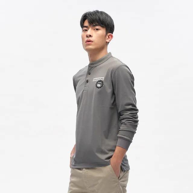 【JEEP】男裝 亨利領素色長袖POLO衫(灰色)