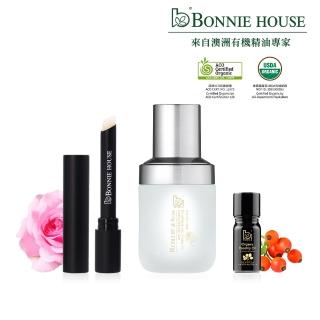 【Bonnie House 植享家】極潤呵護隨行組(玫瑰果油5ml+玫瑰護唇膏+玫瑰果防皺逆轉時光肌絲絨露30ml)