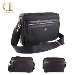 【CITY FLYER】城市旅者馬毛紋牛皮防潑水尼龍布包小橫式側揹包(黑色)