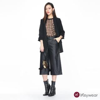 【KeyWear 奇威名品】高腰寬版仿皮七分褲(黑色)