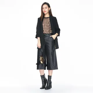【KeyWear 奇威名品】高腰寬版仿皮七分褲(黑色)