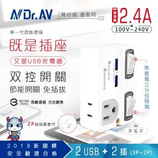【Dr.AV 聖岡科技】2入 TNT-863U 2USB+2插節能分接插座(USB 充電器 分接器)