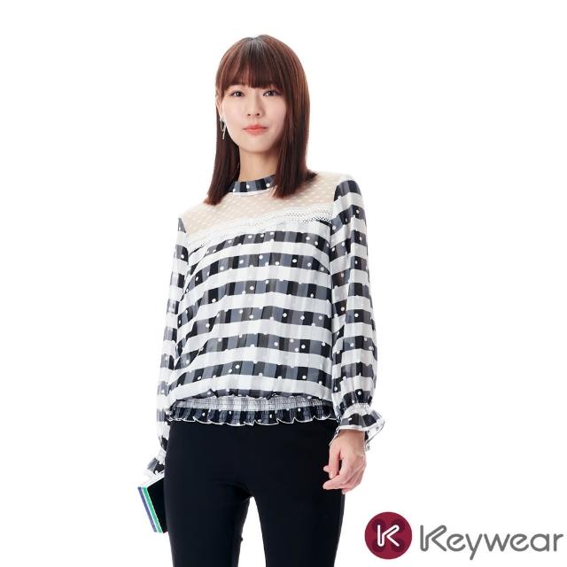 【KeyWear 奇威名品】點點格紋女性設計感長袖上衣