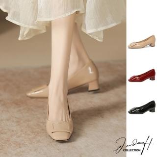 【J&H collection】法式氣質漆皮方頭粗跟女鞋(杏色／酒紅色 / 黑色)