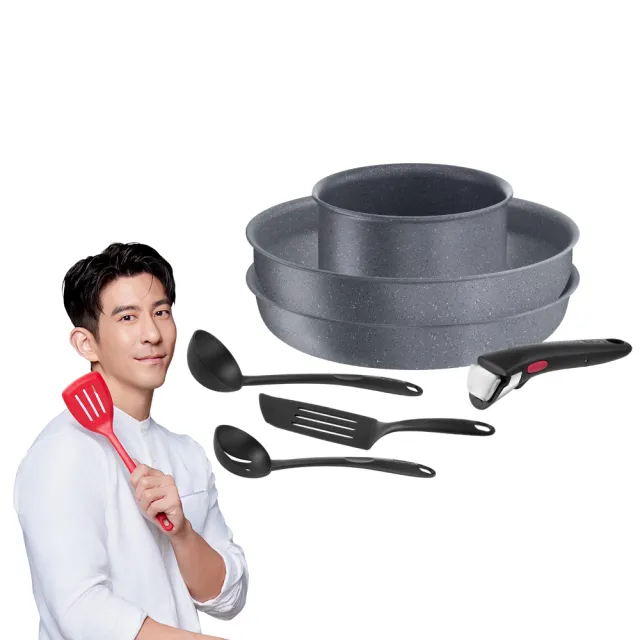 【Tefal 特福】法國製巧變精靈系列可拆式不沾鍋7件組-暖木岩燒(IH爐可用鍋/電磁爐適用)