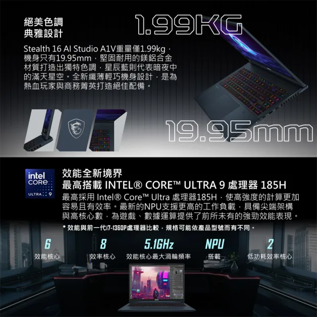 【MSI 微星】16吋Ultra9 RTX4070-8G AI筆電 黑神話悟空適用(Stealth 16 AI Studio/32G/2TSSD/W11P/003TW)