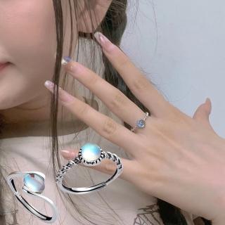 【MoonDy】女戒指 月光石戒指 藍寶石戒指 麻花戒指 銀戒 純銀戒指 韓國戒指 氣質戒指 復古戒