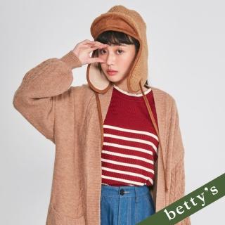 【betty’s 貝蒂思】蕾絲紗袖條紋鋸齒針織上衣(紅色)