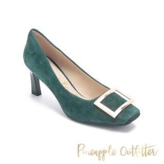 【Pineapple Outfitter】GOMEZ-3 絨面金屬方釦中跟鞋(綠色)