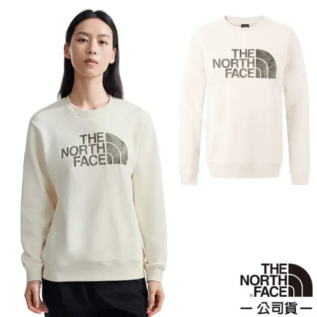 【The North Face】女 Logo 經典吸濕透氣棉質長袖圓領T恤.休閒套頭衫(8ASU-QLI 沙丘白)