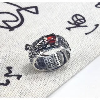 【家家銀飾手工坊】990足銀紅石榴貔貅六字真言心經戒指(六字真言心經貔貅招財保平安戒指)