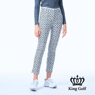 【KING GOLF】網路獨家-女款滿版窗花幾何鍊條印圖KG立體刺繡彈性休閒高爾夫球長褲(藍色)