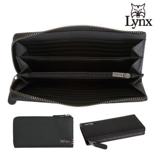 【Lynx】美國山貓自然紋進口牛皮L型長夾皮夾錢包 12卡/拉鍊袋(黑色)