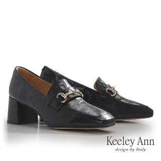 【Keeley Ann】手抓紋牛皮粗跟樂福鞋(黑色475567210-Ann系列)