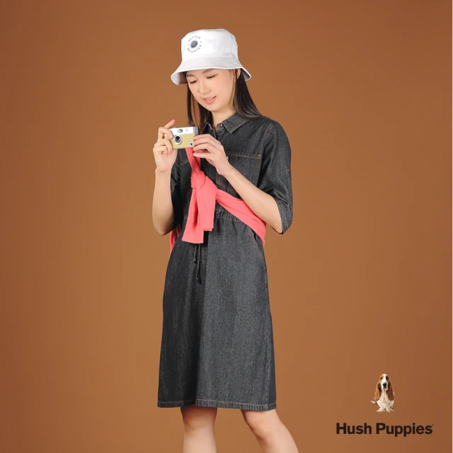 Hush Puppies 女裝 洋裝 排釦修身半開襟抽繩牛仔洋裝(黑色 / 44215101)