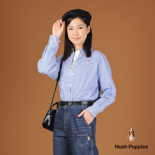 Hush Puppies 女裝 襯衫 知性直條紋刺繡小狗落肩長袖襯衫(藍色 / 44212104)