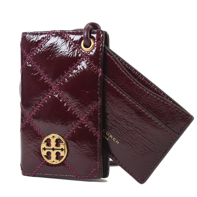 TORY BURCH WILLA 絎縫菱格掛繩斜背證件夾-酒紅