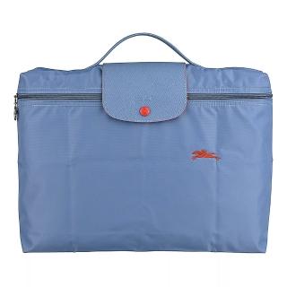 【LONGCHAMP】LONGCHAMP Le Pliage Green刺繡橘釦LOGO再生尼龍拉鍊手提公事包(淺藍)