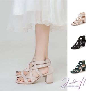 【J&H collection】純色仙女風格編織氣質高跟鞋 羅馬涼鞋(黑色 / 米色 / 綠色)