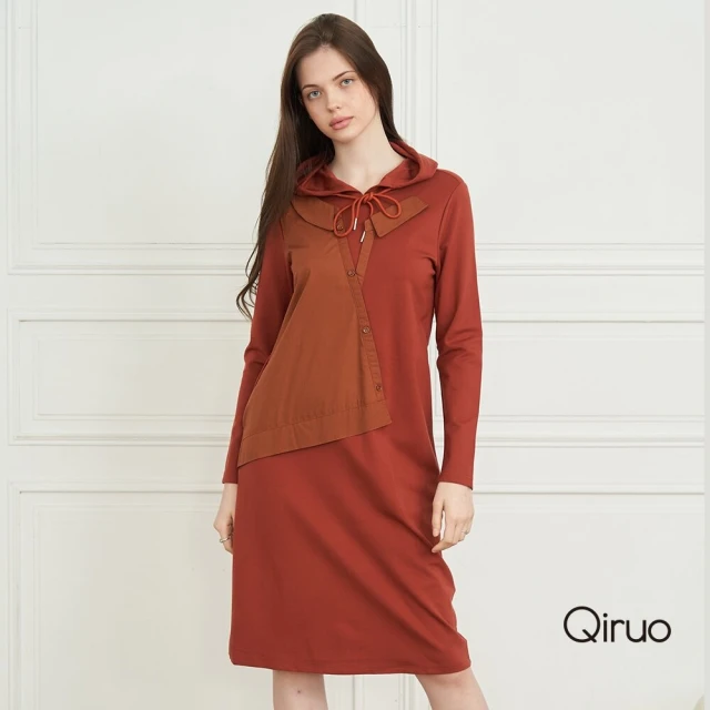 Qiruo 奇若名品 秋冬專櫃橘色洋裝2293F 連帽長洋裝(M-2XL)