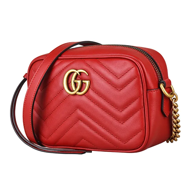【GUCCI 古馳】Marmont系列雙G復古金屬LOGO Mini Chain牛皮W字紋拉鍊斜背包(迷你/芙蓉紅)