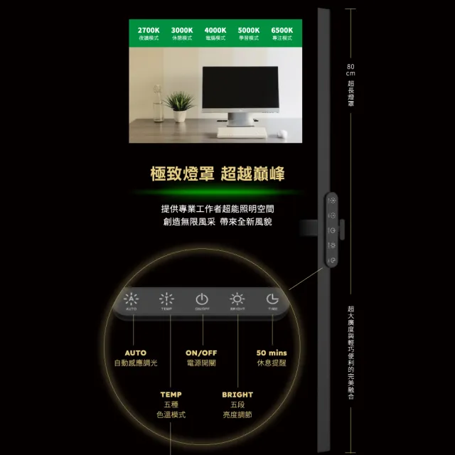 【喜光全光譜】大照度LED全光譜護眼檯燈-Ti-MAX 鈦空黑(80cm極致燈罩 專為職人量身打造)