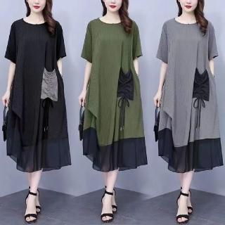 【LANNI 藍尼】★寬鬆拼接撞色口袋連身裙(女裝/洋裝/連身裙/長版上衣/休閒/氣質)