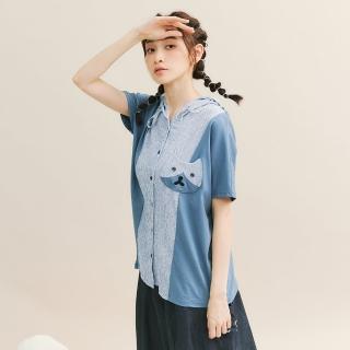 【Dailo】貓咪口袋條紋拼接連帽棉短袖上衣(藍 綠 咖)