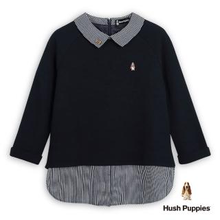 【Hush Puppies】女裝 上衣 拼接假兩件針織條紋七分袖上衣(丈青 / 44210107)