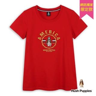 【Hush Puppies】女裝 T恤 素色造型圓章品牌刺繡狗短袖T恤(紅色 / 44211901)