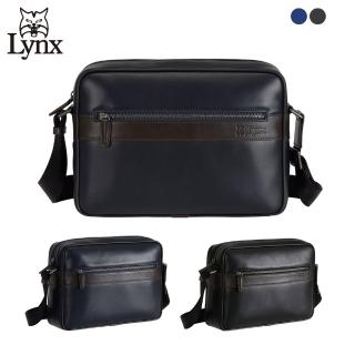 【Lynx】美國山貓頂級進口nappa軟皮商務橫式側揹包 中款(藍色/黑色)